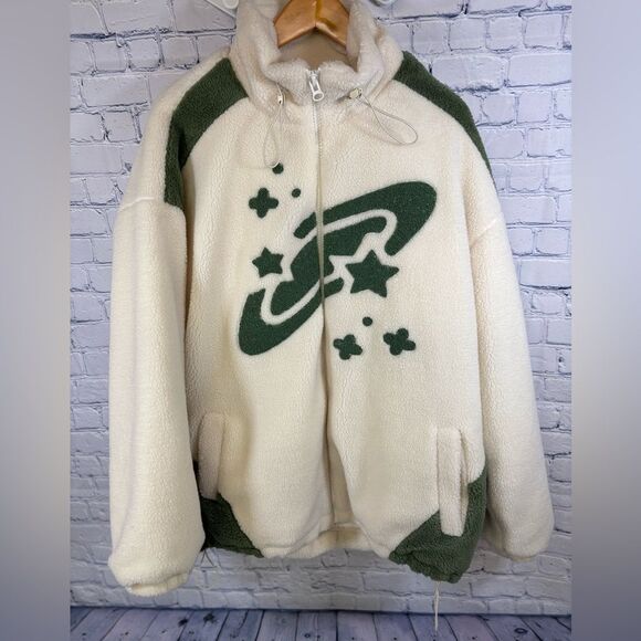 Aelfric Eden Star Sky Whimsical Oversized Green Cream Sherpa Jacket Size 2XL - Picture 1 of 11